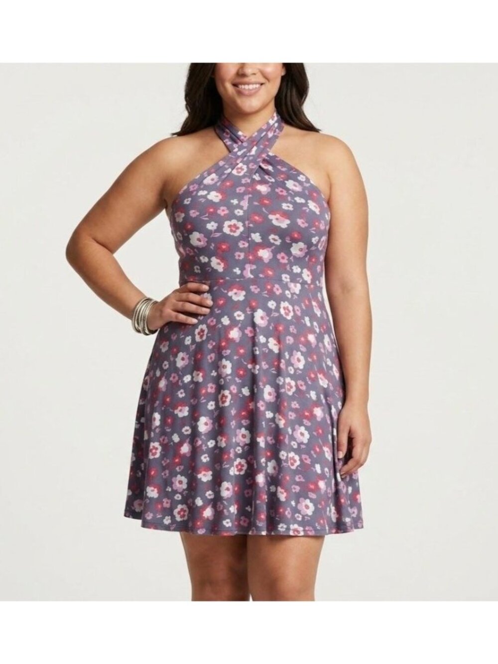 Free People Size L Gray & Pink Floral Sleeveless Criss Cross Halter Mini Dress